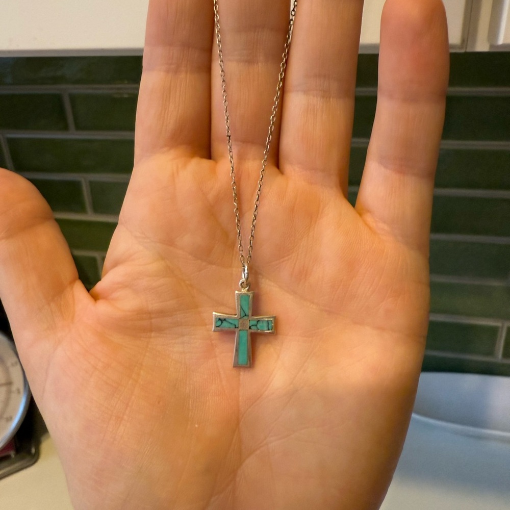 Sterling Silver and Turquoise Cross Necklace - Picture 2 of 4